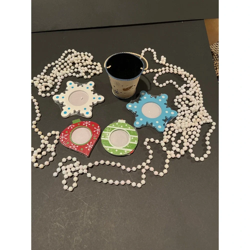 Christmas Holiday Ornament Photo Frame Set Snowman Votive Holder Pearl Garland